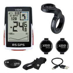 Велокомпьютер беспроводной VDO R5 GPS Full Sensor Set, 30 функций, с датчиком пульса и каденса, черный 4-64052